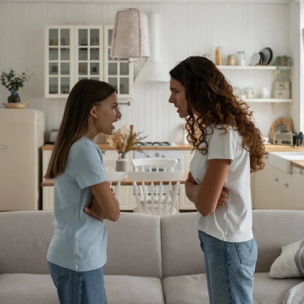 mother and daughter facing each other in argument at home, illustrating how to handle back talk