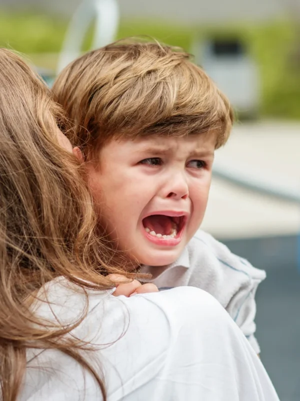 Parent holding a crying, dysregulated child outdoors, using calm physical presence to provide comfort and containment