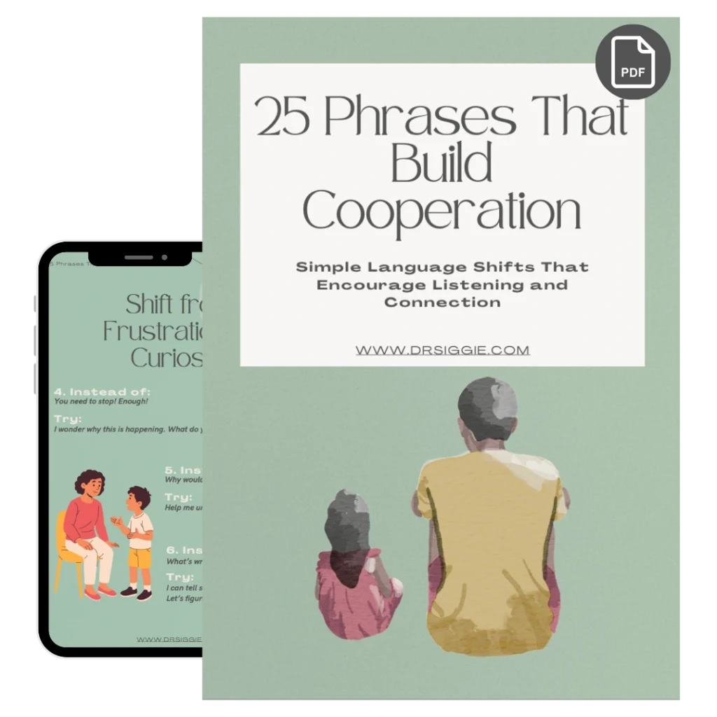 Free PDF download: 25 Phrases That Build Cooperation by Dr. Siggie Cohen, shown as a printed guide and mobile preview
